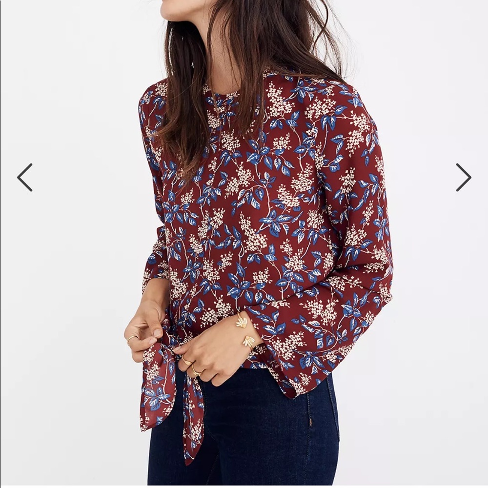Madewell Size Small S Tie Front Bell Sleeve Cut Out Blouse Top Floral Red $88